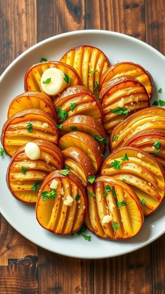 Crispy Hasselback potatoes topped with Parmesan cheese and herbs on a rustic wooden table.